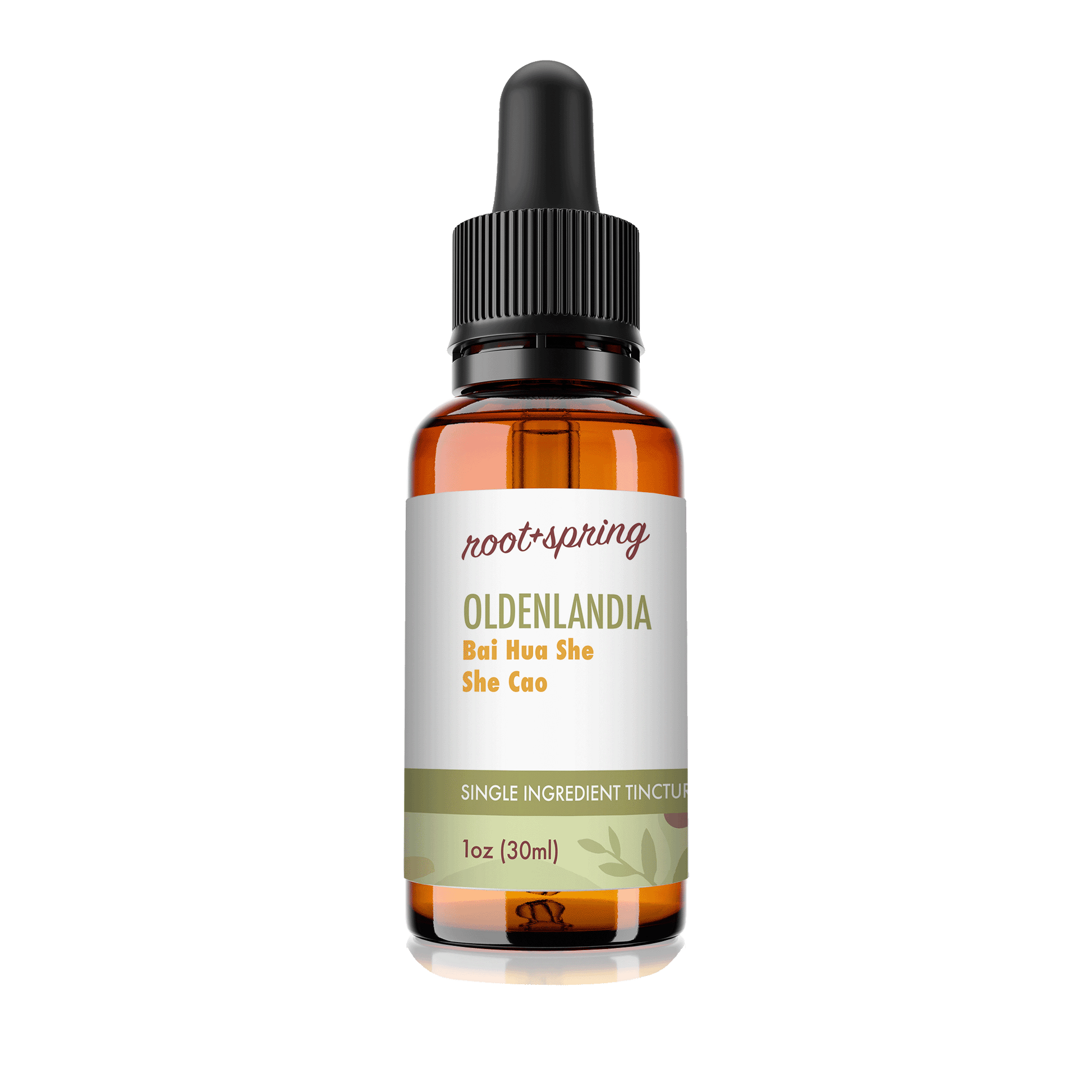 Amber eyedropper-top tincture bottle containing 1 fluid ounce (30 milliliters) of root + spring Dissolve Mass Stasis Breaker Chinese herbal tincture.