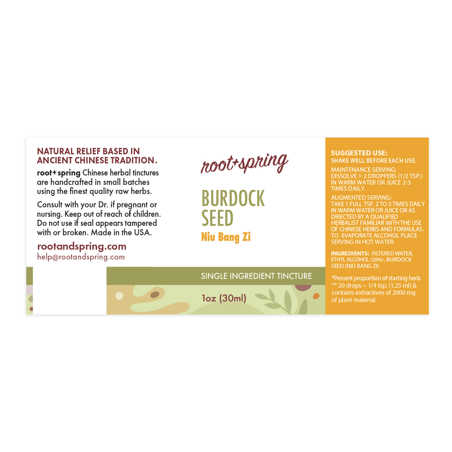 Label for Burdock Seed, or Niu Bang Zi, herbal tincture by root + spring. 