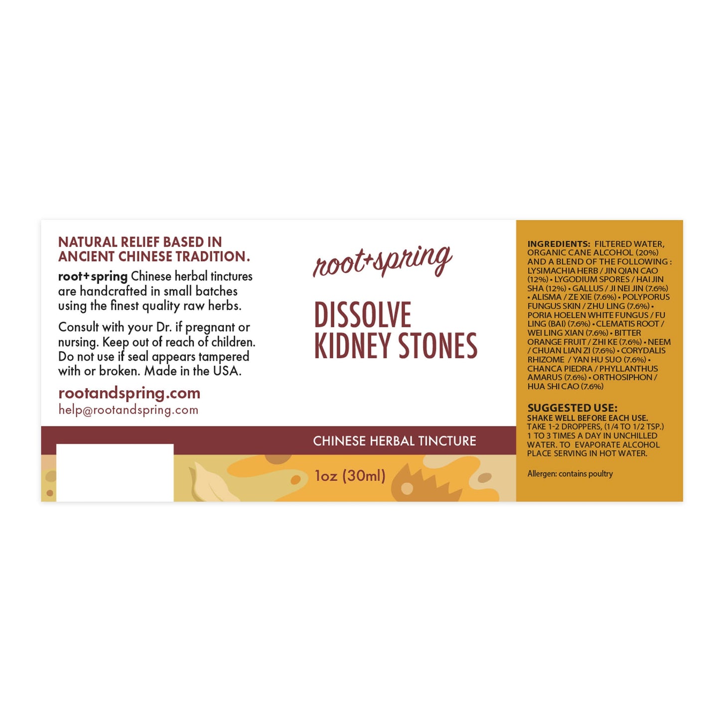 Label of Dissolve Kidney Stones Herbal Tincture by root + spring.