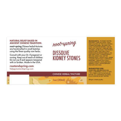 Label of Dissolve Kidney Stones Herbal Tincture by root + spring.