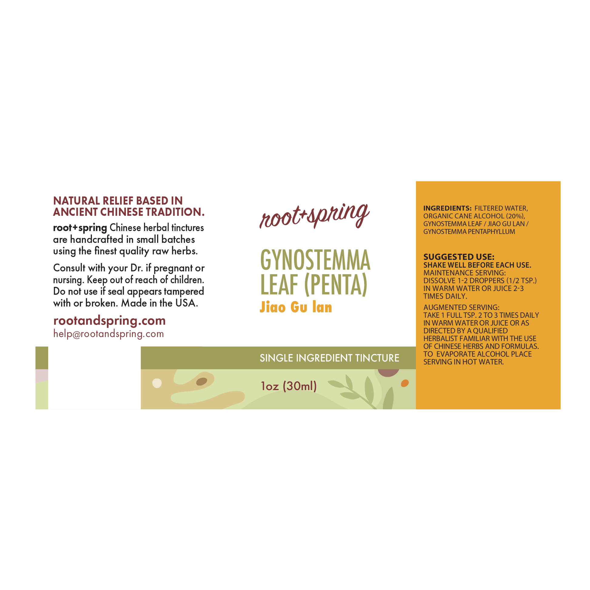 Label with Ingredients, Suggested Use, and Precautions for root + spring Gynostemma Leaf Penta Jiao Gu Lan Chinese herbal tincture.