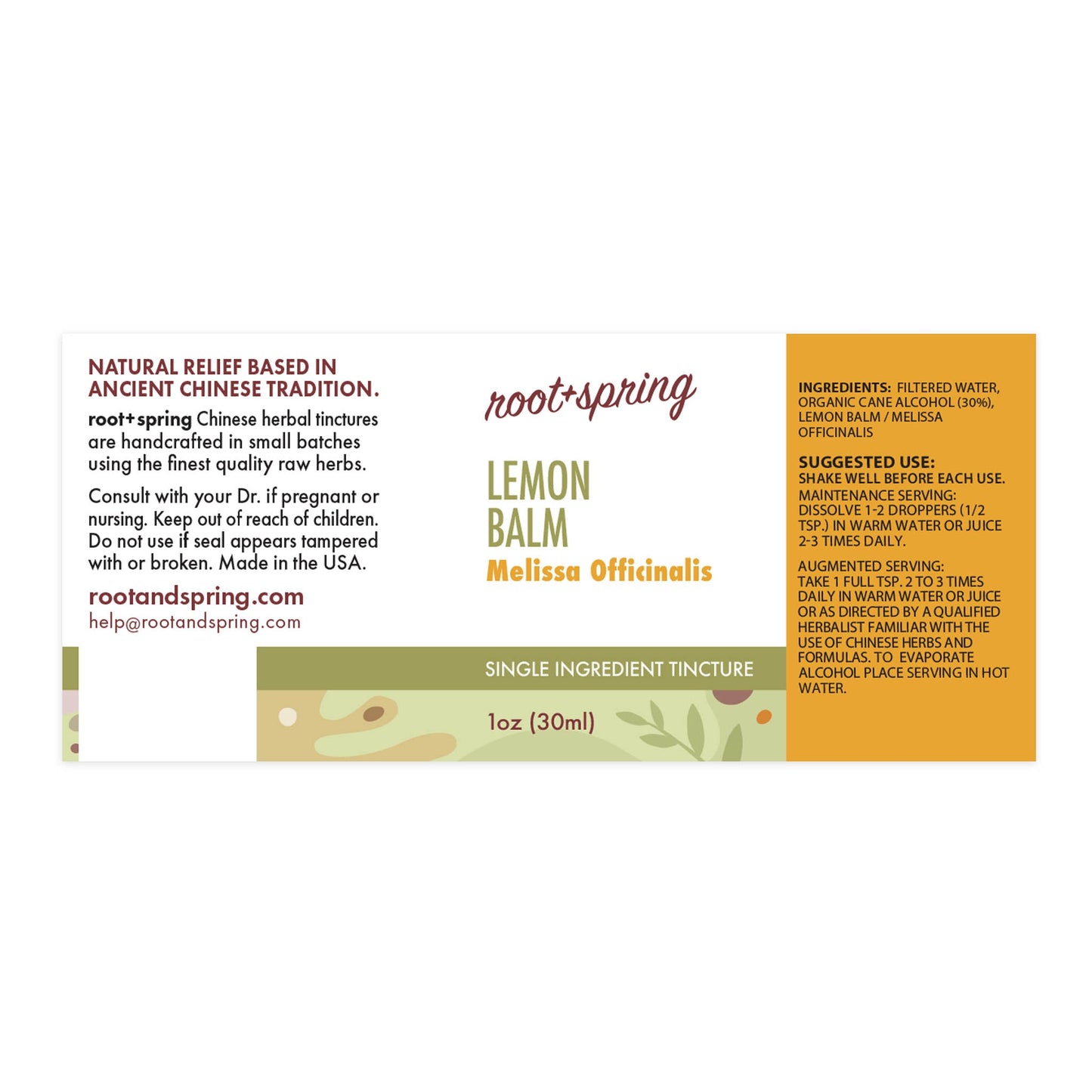 Label of Lemon Balm (Melissa Officinalis) - Herbal Tincture by root + spring