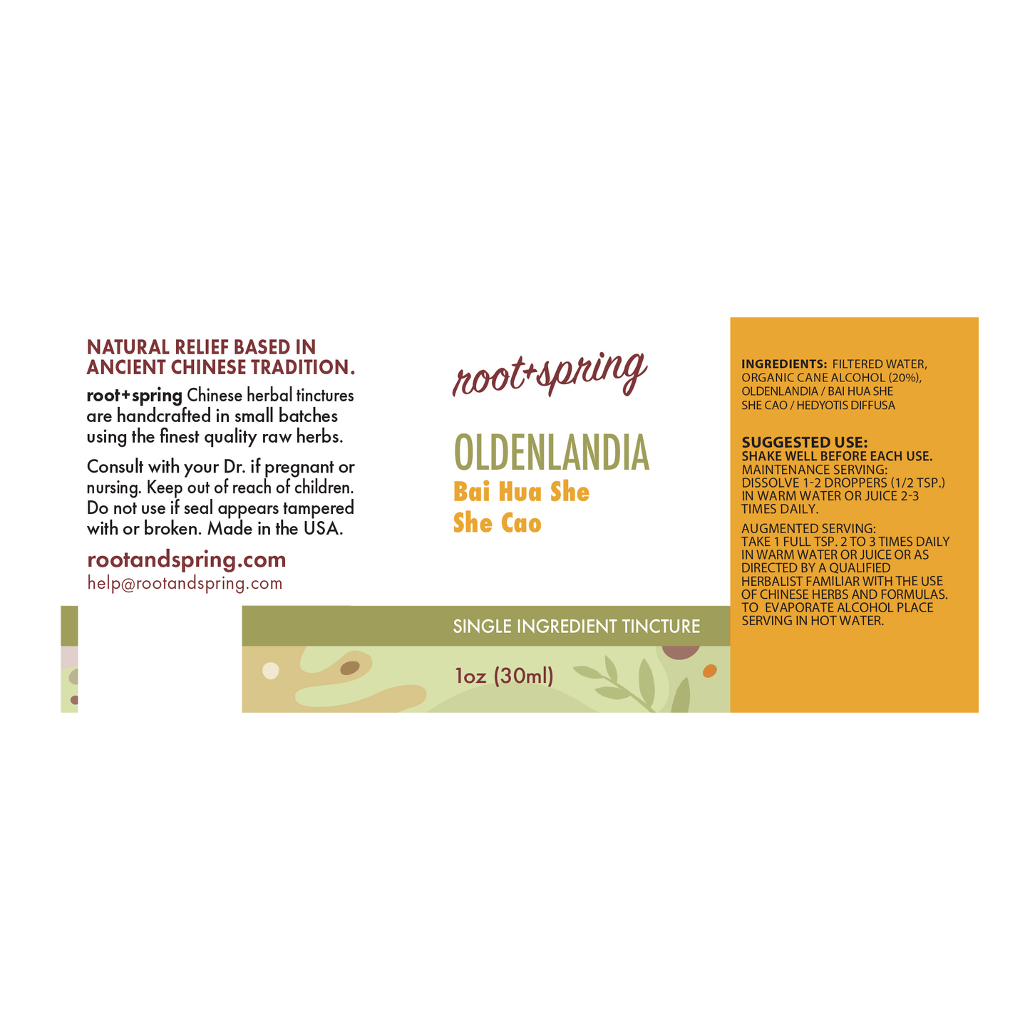 Label with Ingredients, Suggested Use, and Precautions for root + spring Dissolve Mass Stasis Breaker Chinese herbal tincture.