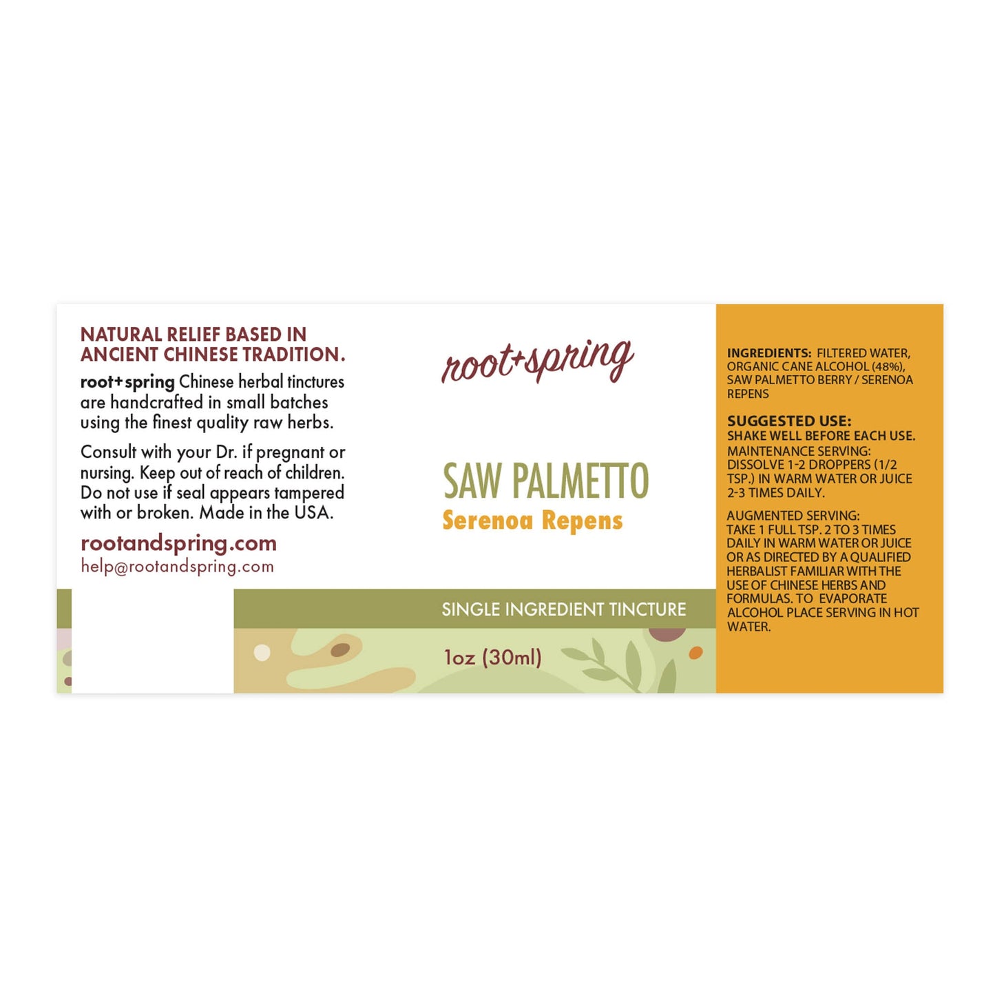 Label for Saw Palmetto, Serenoa Repens Herbal Tincture by root + spring