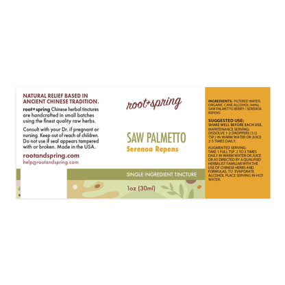 Label for Saw Palmetto, Serenoa Repens Herbal Tincture by root + spring