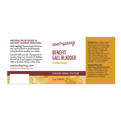 Label with Ingredients, Suggested Use, and Precautions for root + spring Benefit Gall Bladder Li Dan Tang Chinese herbal tincture.