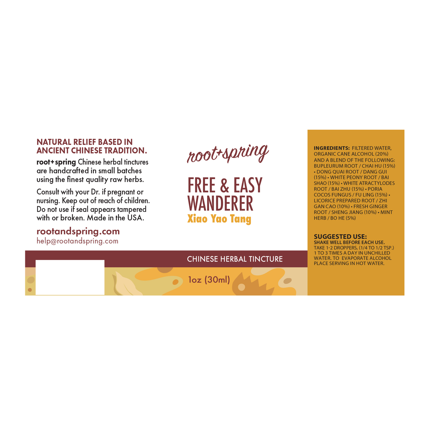 Label with Ingredients, Suggested Use, and Precautions for root + spring Free and Easy Wanderer Xiao Yao Tang Chinese herbal tincture.