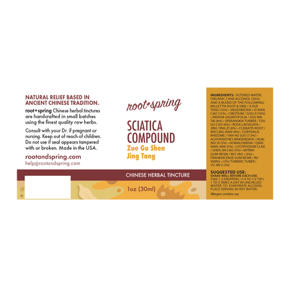 Label for Sciatica Compound (Zuo Gu Shen Jing Tang) - Herbal Tincture by root + spring