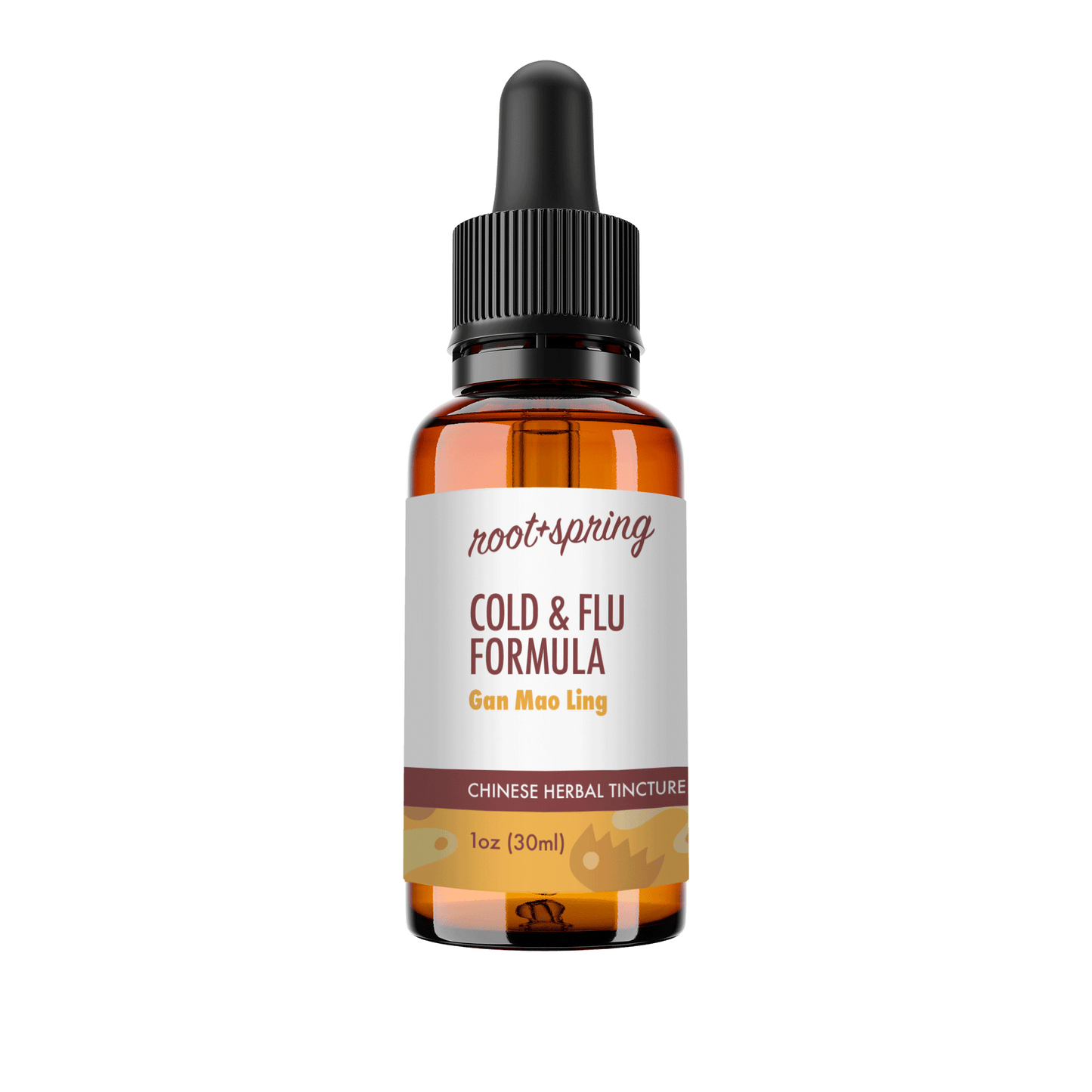 Amber eyedropper-top tincture bottle containing 1 fluid ounce (30 milliliters) of root + spring Cold and Flu Formula Gan Mao LIng Chinese herbal tincture.