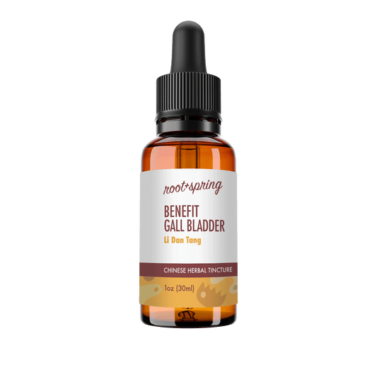Amber eyedropper-top tincture bottle containing 1 fluid ounce (30 milliliters) of root + spring Benefit Gall Bladder Li Dan Tang Chinese herbal tincture.