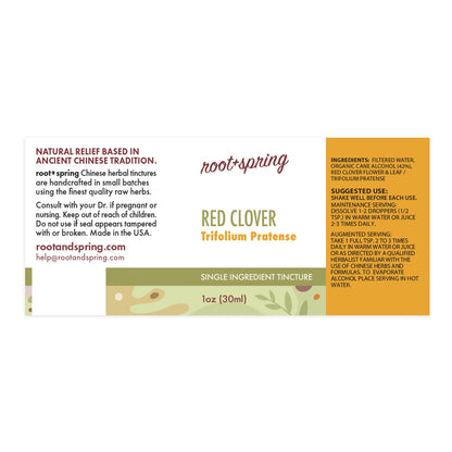 Label for  Red Clover (TRIFOLIUM PRATENSE) herbal tincture root+ spring
